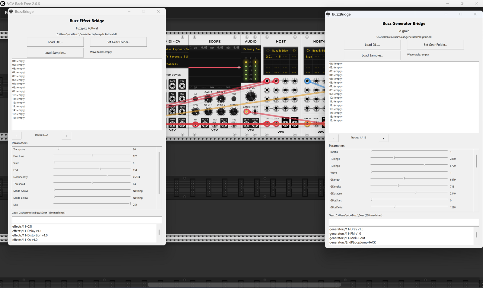 Buzz Effect Bridge and Buzz Generator Bridge editors open in VCV Rack